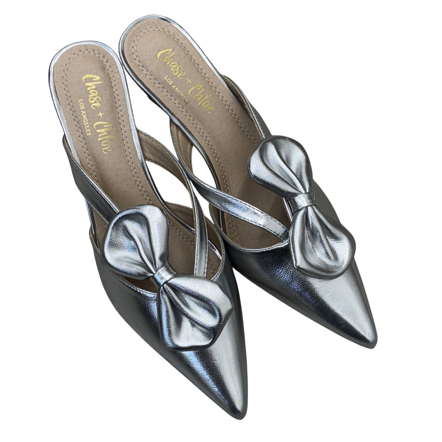 CHASE + CHLOE / Idra-3 / Silver / Pointed / Toe Mule Heels / With Bow Detail Kitten Heel Design SHOES BY FLOR
