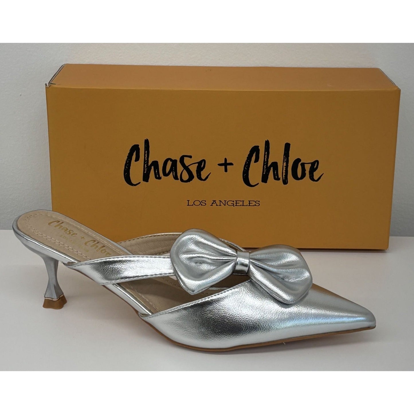 CHASE + CHLOE / Idra-3 / Silver / Pointed / Toe Mule Heels / With Bow Detail Kitten Heel Design SHOES BY FLOR