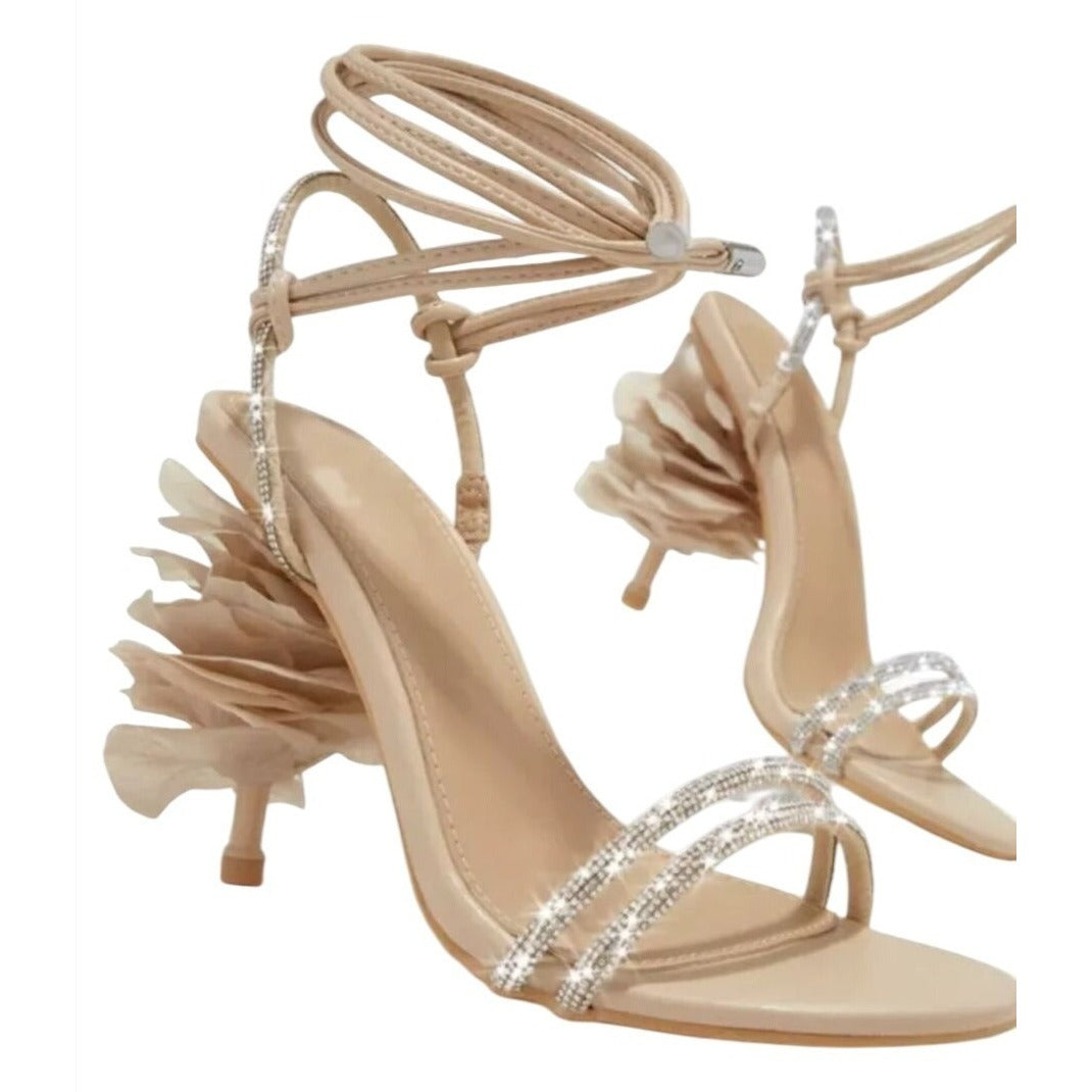 MC / Mel-48 / Beige / Nude / Strappy / Heeled Sandals With Rhinestone Detail & Floral / Size 6.5 SHOES BY FLOR