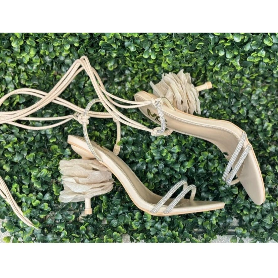 MC / Mel-48 / Beige / Nude / Strappy / Heeled Sandals With Rhinestone Detail & Floral / Size 6.5 SHOES BY FLOR