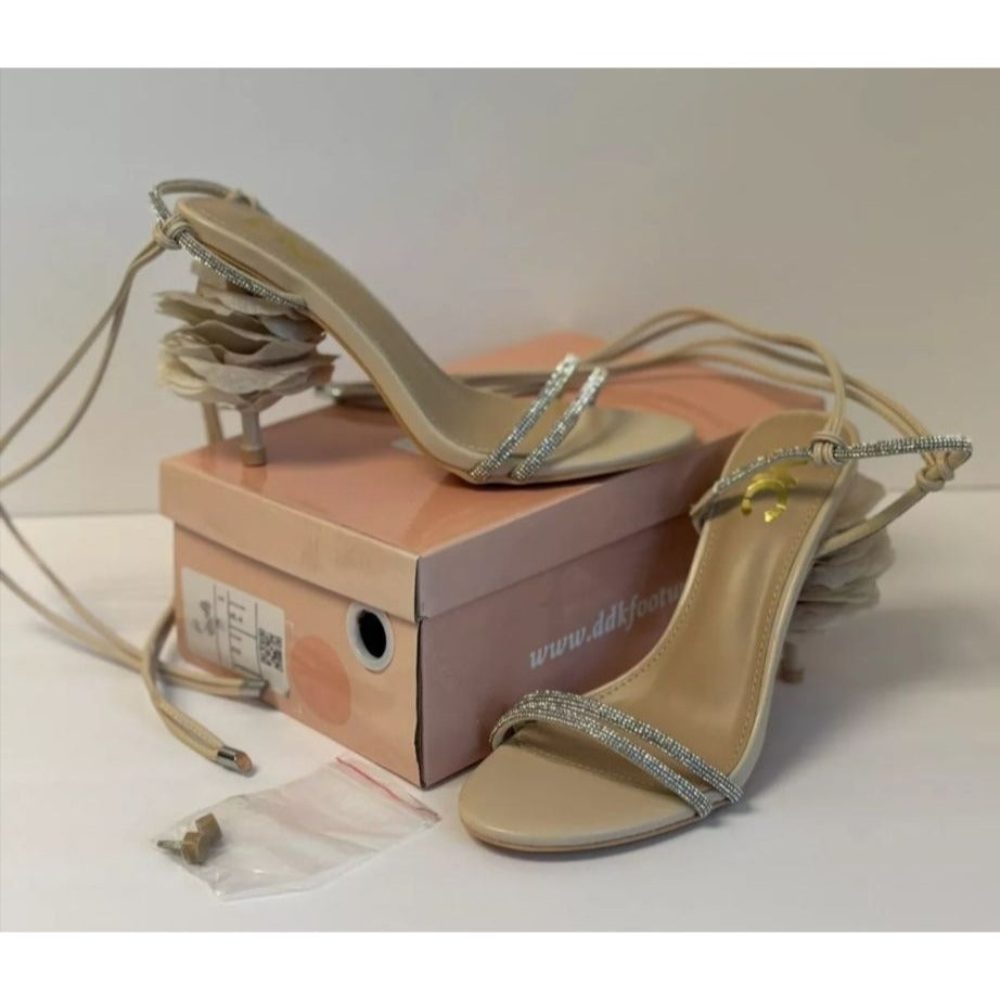 MC / Mel-48 / Beige / Nude / Strappy / Heeled Sandals With Rhinestone Detail & Floral / Size 6.5 SHOES BY FLOR