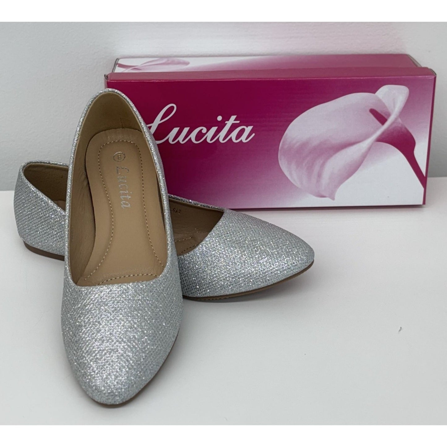 LUCITA / Friendly / Silver / Glittery / Flats / With Pointed Toe Elegant Design SHOES BY FLOR