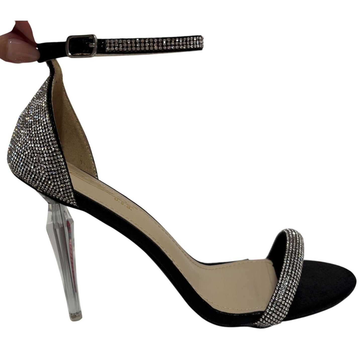 CATHY DIN / Laura-3 / Luxury Rhinestone / Black & Silver / Stiletto Heels / With Clear Acrylic / Heel & Adjustable Ankle / Strap / Size 10 SHOES BY FLOR