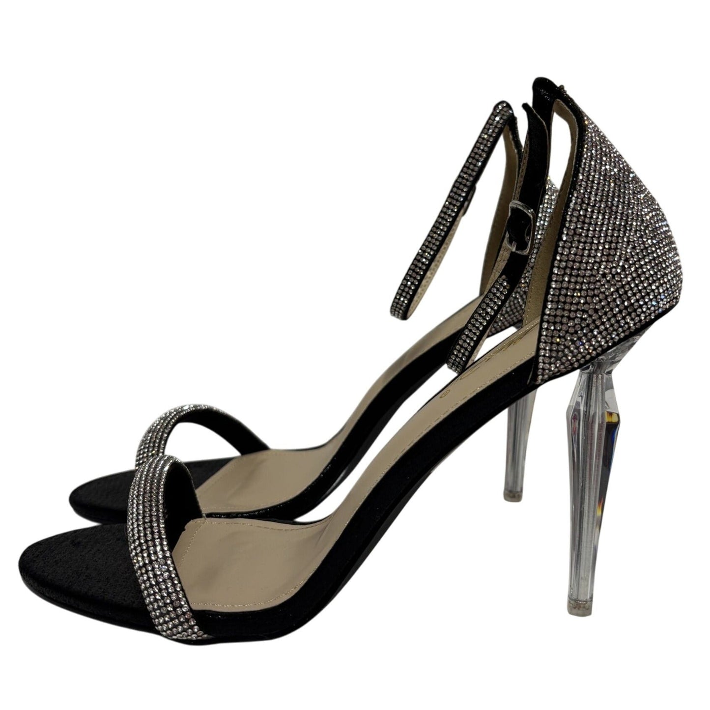 CATHY DIN / Laura-3 / Luxury Rhinestone / Black & Silver / Stiletto Heels / With Clear Acrylic / Heel & Adjustable Ankle / Strap / Size 10 SHOES BY FLOR