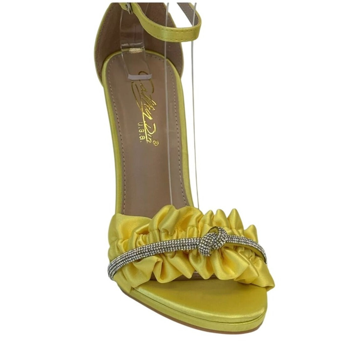 KATHY DIN / Chelsey-17 / Yellow Satin / Rhinestone / Ruffle / High Heeled Sandals With Ankle / Strap SHOES BY FLOR