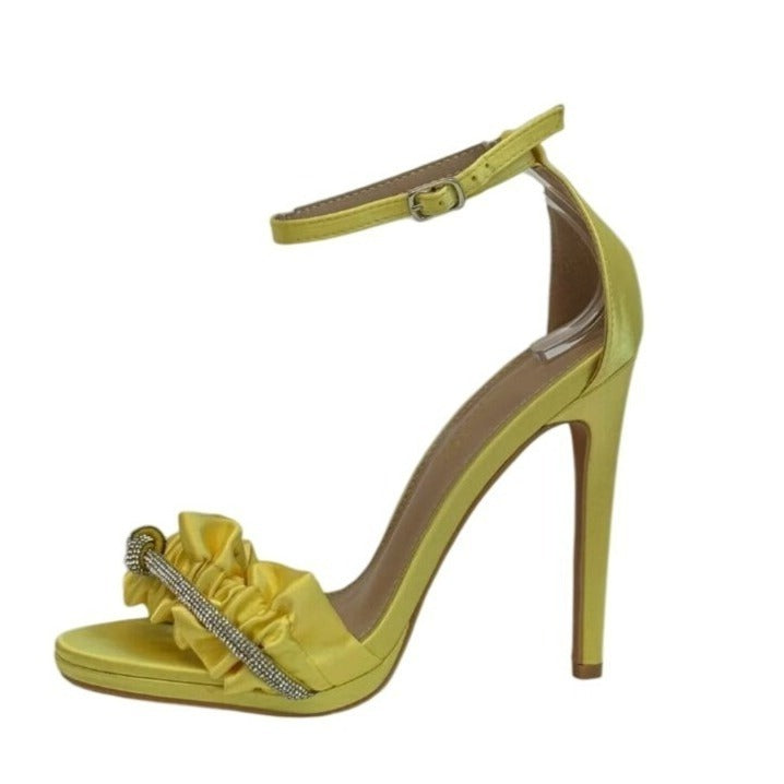 KATHY DIN / Chelsey-17 / Yellow Satin / Rhinestone / Ruffle / High Heeled Sandals With Ankle / Strap SHOES BY FLOR