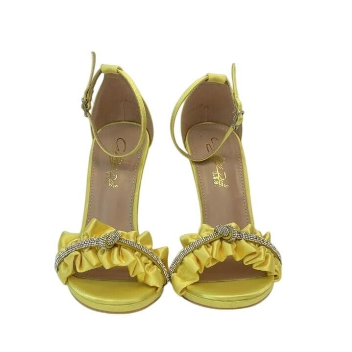 KATHY DIN / Chelsey-17 / Yellow Satin / Rhinestone / Ruffle / High Heeled Sandals With Ankle / Strap SHOES BY FLOR