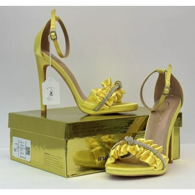 KATHY DIN / Chelsey-17 / Yellow Satin / Rhinestone / Ruffle / High Heeled Sandals With Ankle / Strap SHOES BY FLOR