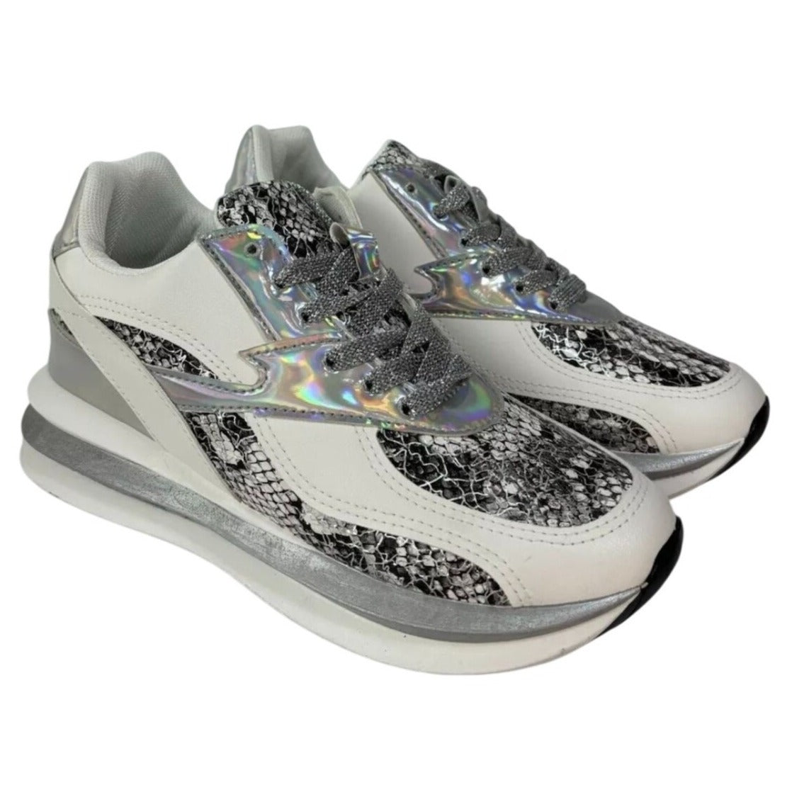 UNILADY / Franky-2 / Sneaker / Reflective & Snakeskin / Pattern Chunky Sneakers / With Silver Accents