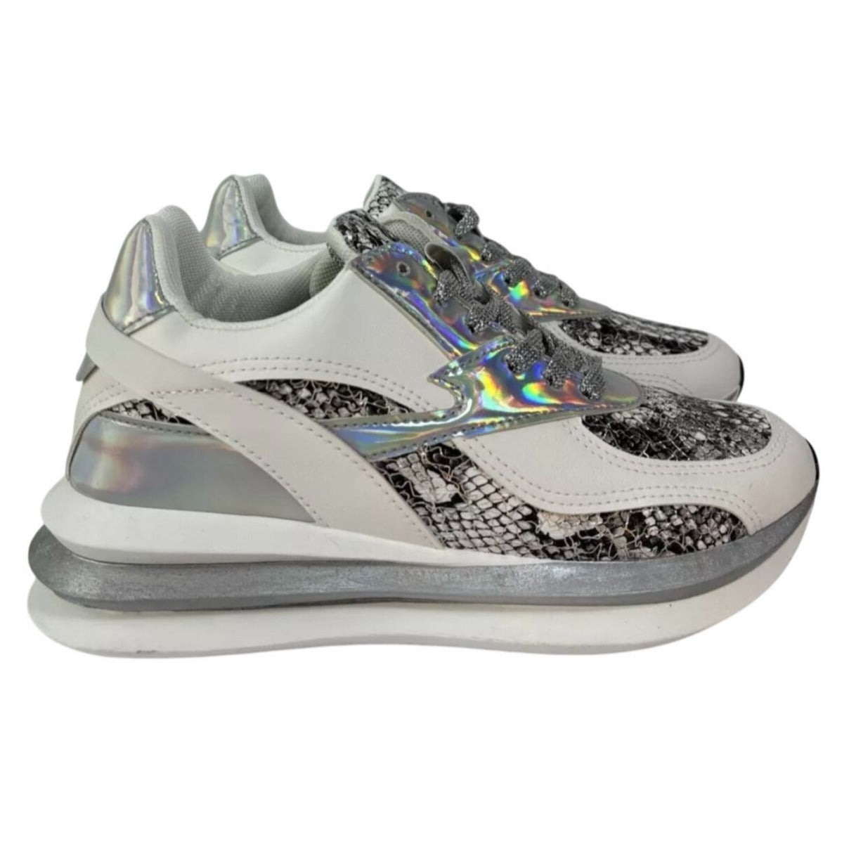 UNILADY / Franky-2 / Sneaker / Reflective & Snakeskin / Pattern Chunky Sneakers / With Silver Accents