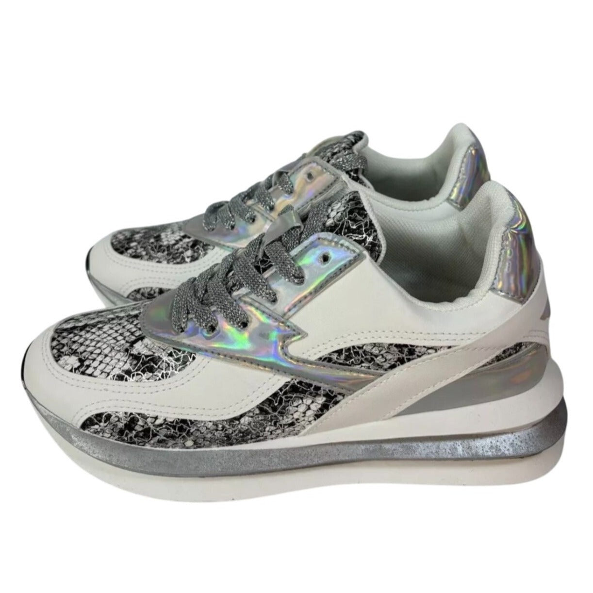 UNILADY / Franky-2 / Sneaker / Reflective & Snakeskin / Pattern Chunky Sneakers / With Silver Accents