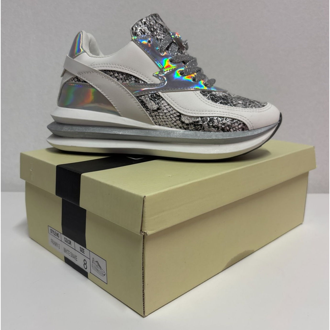 UNILADY / Franky-2 / Sneaker / Reflective & Snakeskin / Pattern Chunky Sneakers / With Silver Accents
