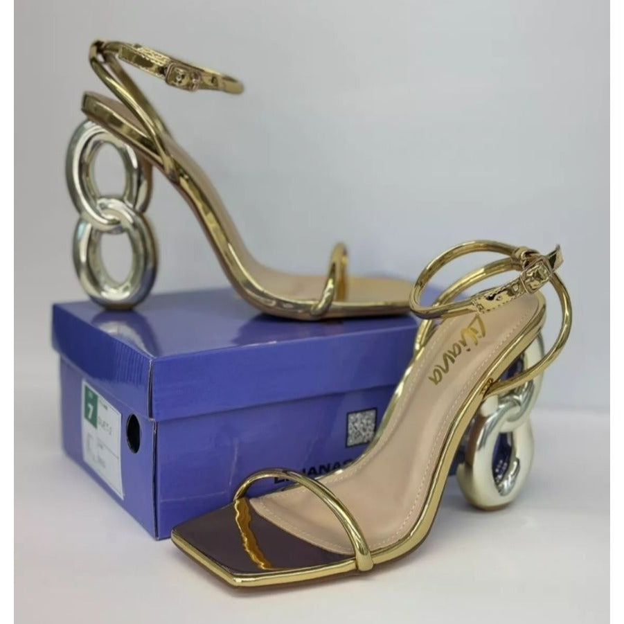 LILIANA / Duet-2 /Gold Metallic / Heeled Sandals / With Unique Number 8 / Heel Design & Ankle Strap SHOES BY FLOR