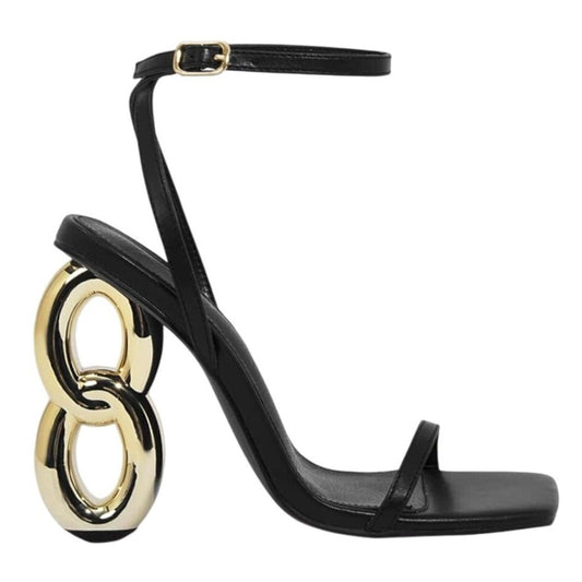 LILIANA / Duet-2 / Black / Patent Leather /  Heeled / Sandals /  With Unique Metallic 8-Inspired Heel Design SHOES BY FLOR