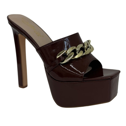 CATHY DIN / Kaiaa-7 / Brown Patent Leather / Platform / High Heel / Sandals With Gold Chain Accent SHOES BY FLOR