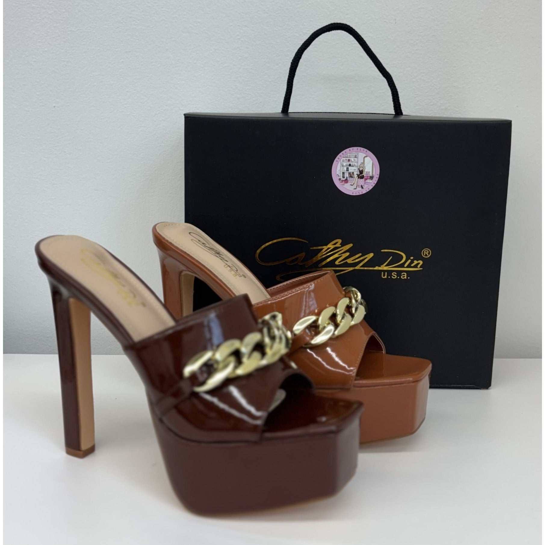 CATHY DIN / Kaiaa-7 / Brown Patent Leather / Platform / High Heel / Sandals With Gold Chain Accent SHOES BY FLOR