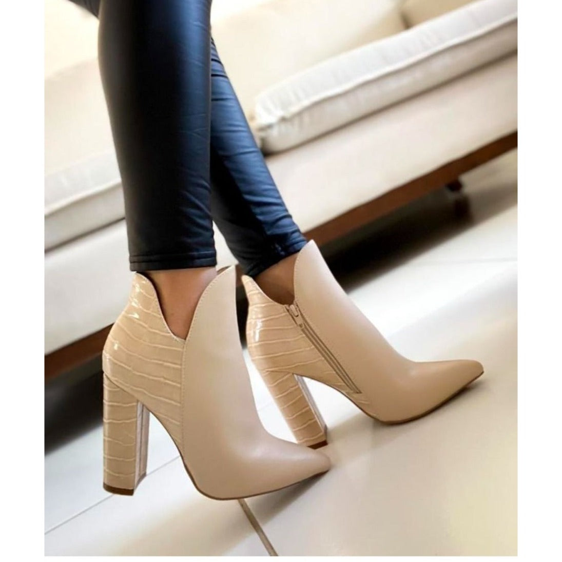 QUPID / Signal-84X / Beige / Faux Leather & Croc / Embossed Ankle / Booties / High Heel