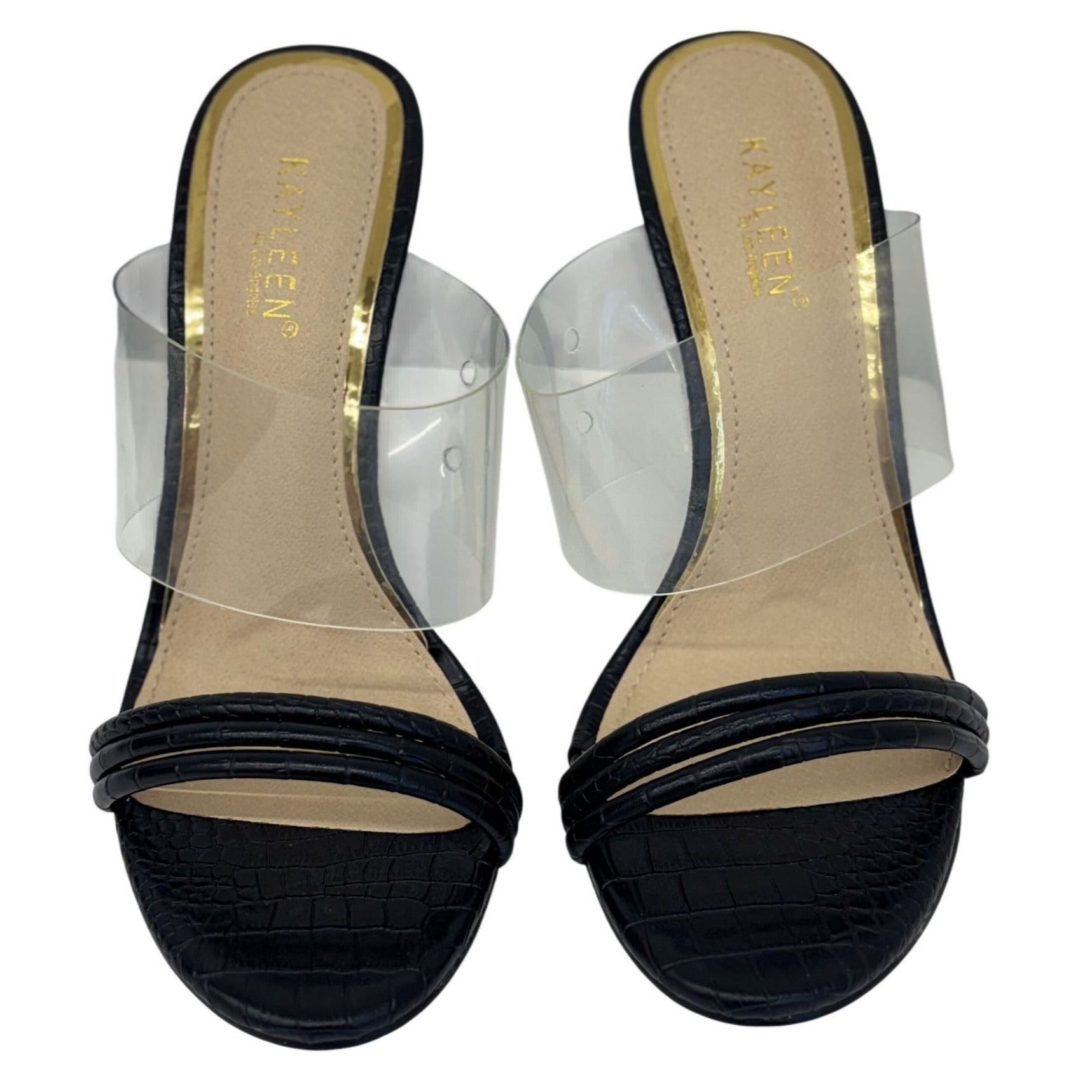 KAYLEEN / Berkley-16 / Black Croc-Embossed / Clear / Strap / Heeled Sandals SHOES BY FLOR