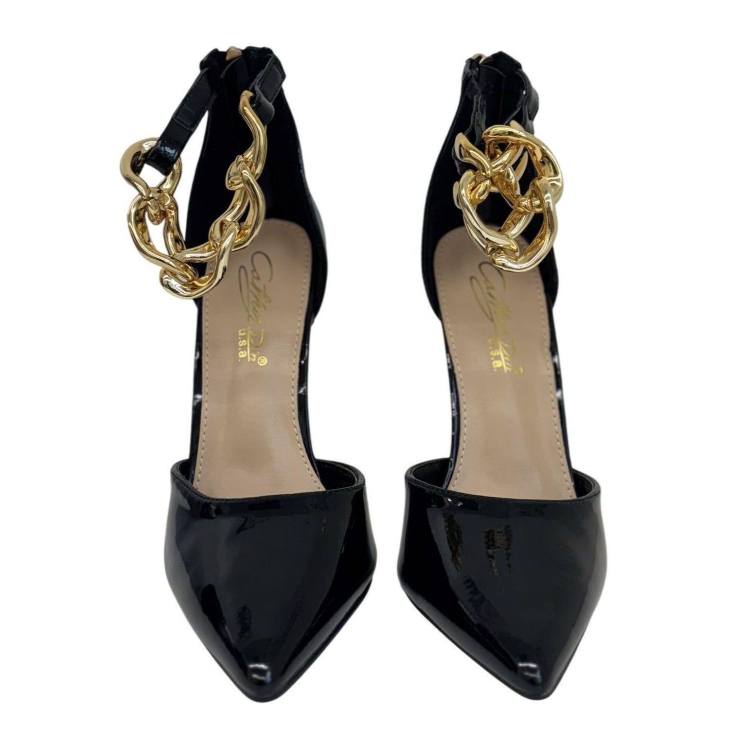 CATHY DIN / Rae-61 / Patent Leather / Stiletto Heels/  With Gold  / Chain Anklet Detail Black / Color Options / US Sizes / Elegant Design SHOES BY FLOR