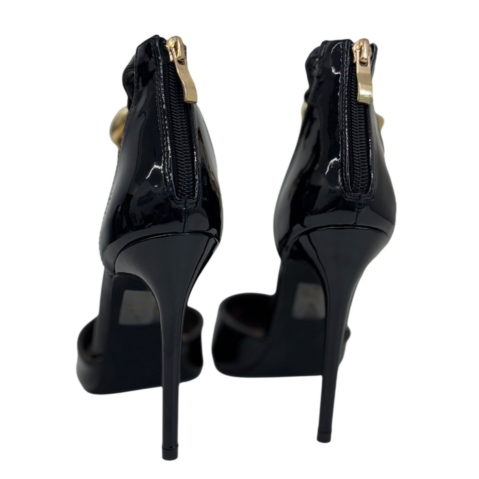 CATHY DIN / Rae-61 / Patent Leather / Stiletto Heels/  With Gold  / Chain Anklet Detail Black / Color Options / US Sizes / Elegant Design SHOES BY FLOR