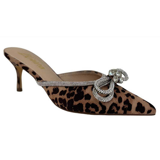 LILIANA / Romantic-1 Leopard Print / Pointed Toe Mules With Rhinestone Bow Embellishment & Kitten Heels SHOES BY FLOR