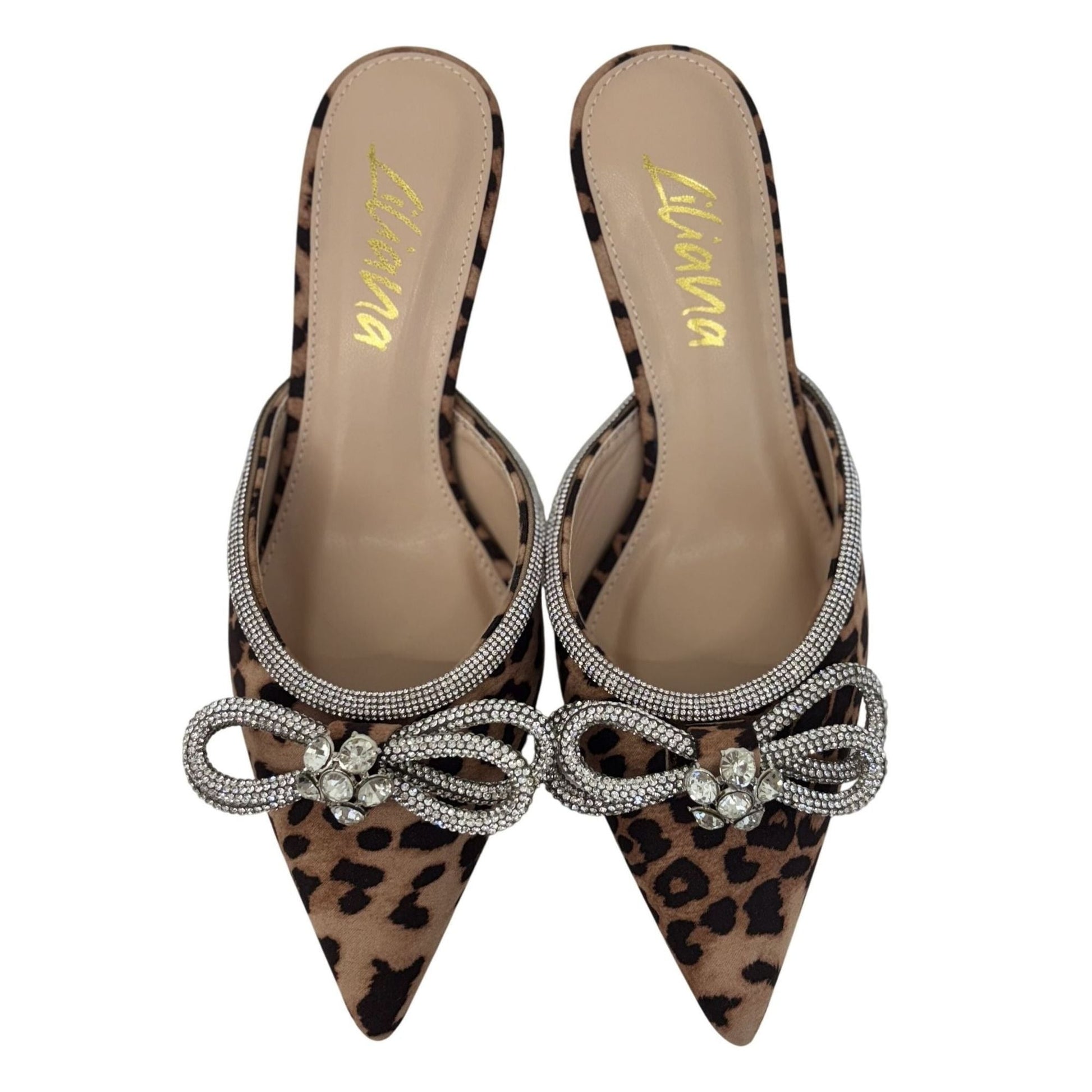 LILIANA / Romantic-1 Leopard Print / Pointed Toe Mules With Rhinestone Bow Embellishment & Kitten Heels SHOES BY FLOR