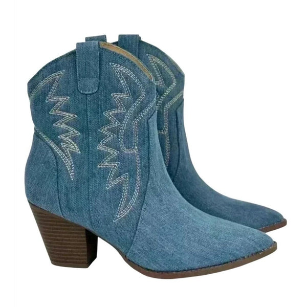 QUPID / Zane-72 / Denim / Western Ankle / Boots With Embroidered / Design & Stacked Heel SHOES BY FLOR