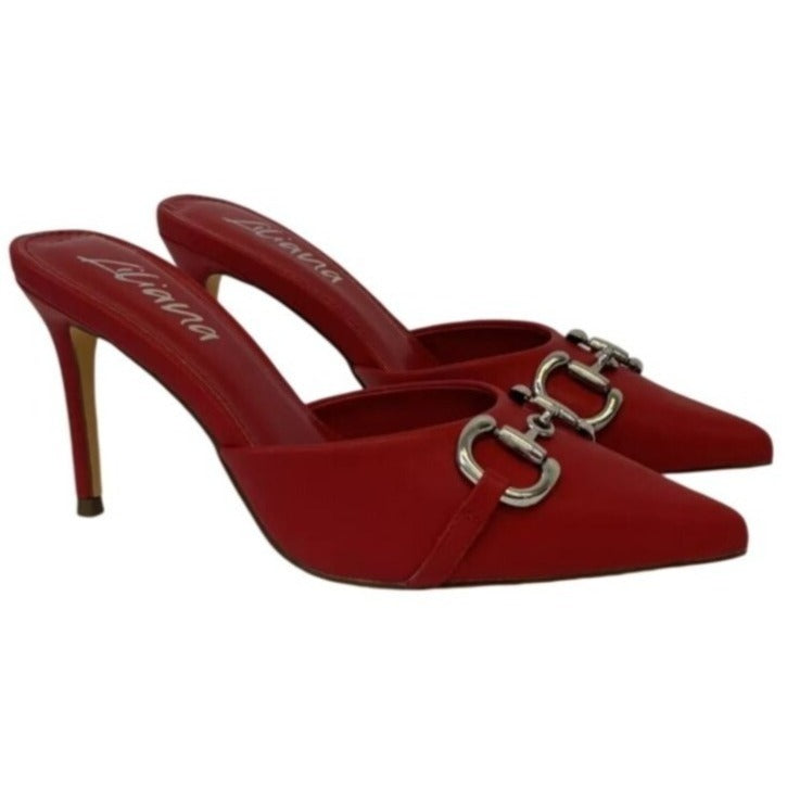 LILIANA / Silla-9 / Red / Pointed-Toe High / Heel Mules / With Silver Metal Bit Detail