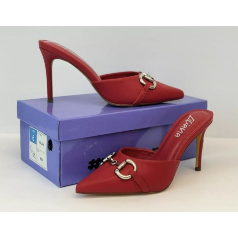 LILIANA / Silla-9 / Red / Pointed-Toe High / Heel Mules / With Silver Metal Bit Detail